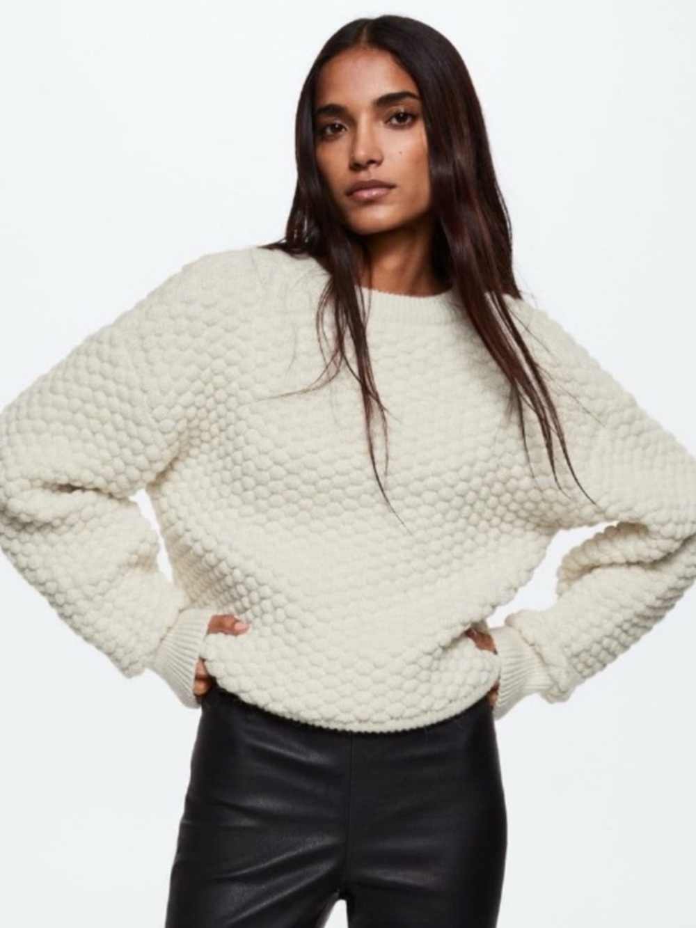 NWT Mango MNG Textured Cream Pull Over Crew Neck Casual Cozy Knit Sweater